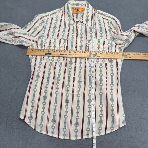 Tory Burch Logo Chain Silk 1/2 Button Down Long Sleeve Top Womens 4 Old Money - Picture 11 of 14